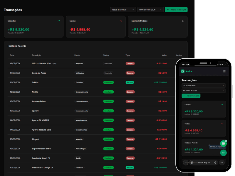 Interface de transações do Nodus