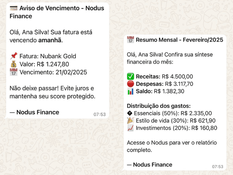 Notificações do Nodus no WhatsApp